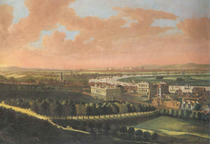 A view from Greenwich before the construction of the Royal Naval Hospital and the windmills which gave rise to the name Mill Wall on the Isle of Dogs